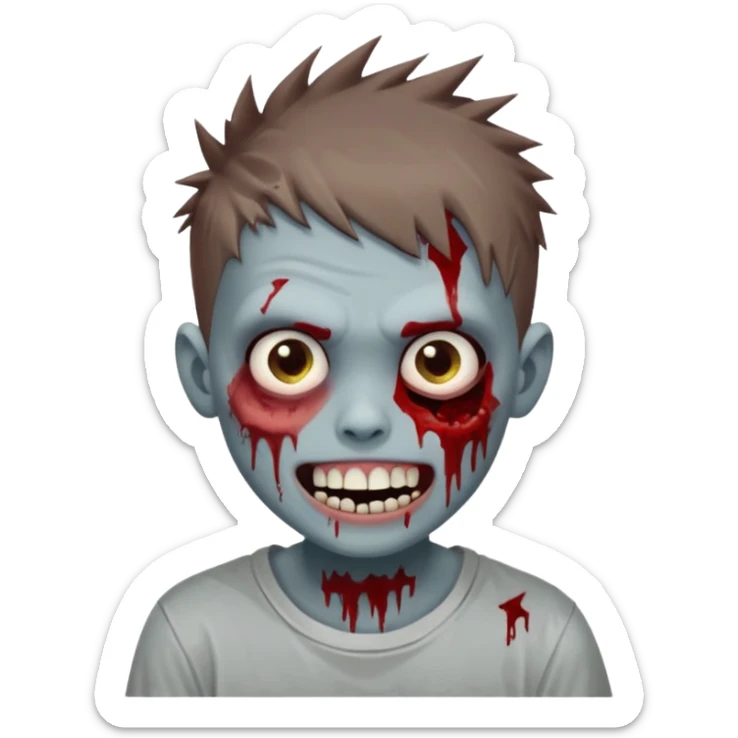 zombie boy with brown short spiky hair, white skin, and white eyes; an open smile, and bloodied teeth; sticker