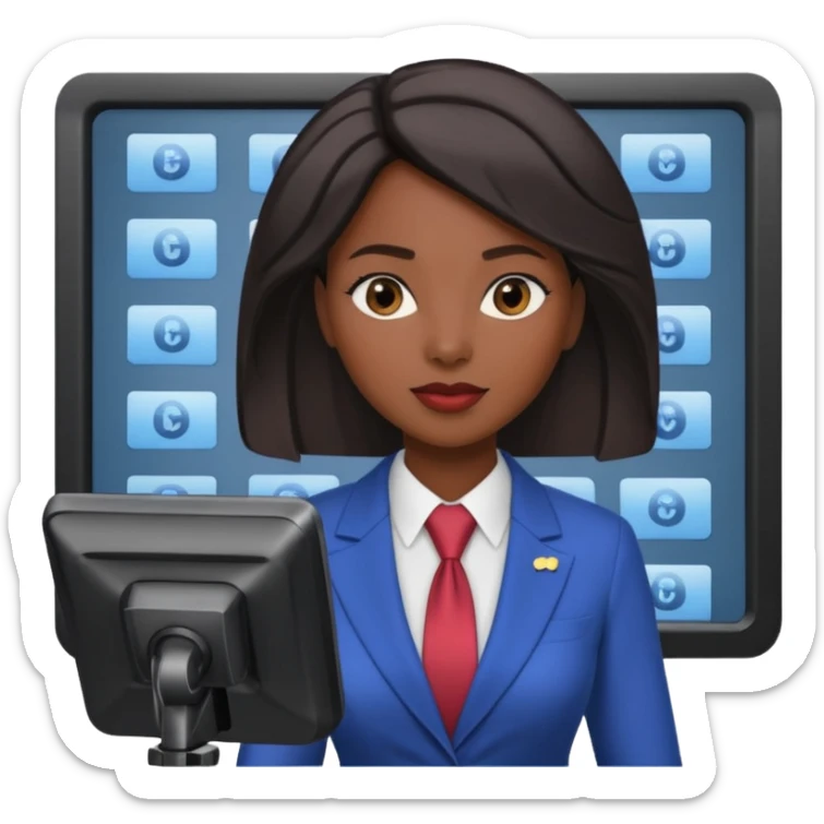 news anchor black skin woman, with a screen with a prompter in front of her sticker