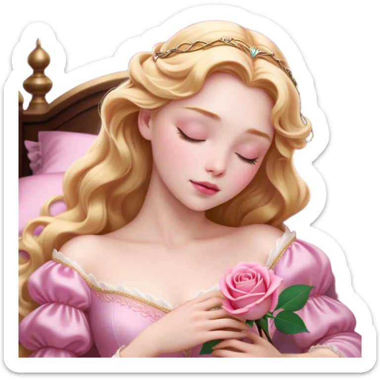 Cinematic Realistic Sleeping Beauty (Aurora) Portrait, with porcelain-like skin featuring a natural rosy flush, illuminated by soft lighting that highlights the gentle contours of her face. Her golden blonde hair flows in soft, detailed waves with subtle highlights that shimmer in the light. Her deep violet-blue eyes radiate warmth and innocence, framed by arched brows and long lashes. With a soft, serene smile, she holds a delicate rose gently in one hand, her other hand resting lightly by her side. She is dressed in her classic pink gown, the fabric rich in texture with delicate folds that catch the light. A golden crown rests atop her head, gleaming with royal refinement. The portrait captures a soft, glowing aura, blending realism with an ethereal sense of beauty and timeless enchantment. sticker