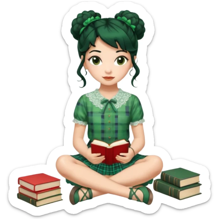 A beautiful girl wears a green lace blouse with short sleeves and a green lace skirt with a plaid pattern. Her long, curly black hair is styled in a messy bun. She holds books and crayons in her hands, and she is barefoot, sitting cross-legged on the floor. The illustration style is pop art. sticker