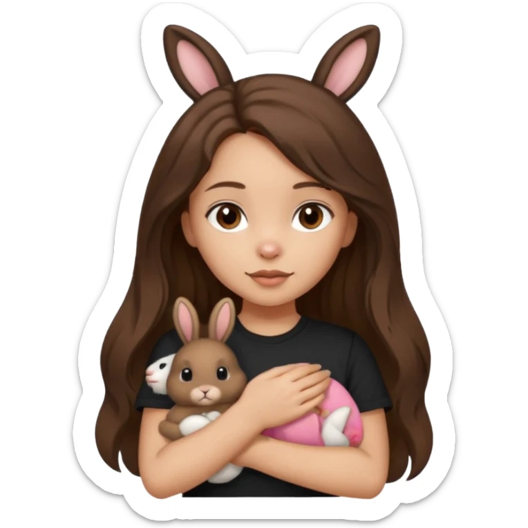 Girl About 15 years old with light skin and brunette Long slightly wavy hair, with dark brown eyes. Shes wearing black t-shirt. In her hand she's holding a brown bunny with ears down sticker