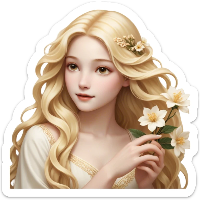 Cinematic Realistic Rapunzel Portrait, with porcelain-like skin featuring a subtle, natural glow, illuminated by soft lighting that brings out the gentle contours of her face. Her long, golden blonde hair cascades in detailed waves, each strand highlighted with a radiant shimmer as it catches the light. She playfully holds a flower in one hand, her other hand resting casually in her lap, with a warm and spirited expression. Her bright, expressive green eyes exude curiosity and warmth, framed by delicate lashes and soft, arched brows. She is dressed in her classic lavender and pink gown, the fabric textured with delicate folds that flow naturally, catching the light with a soft, radiant glow. The portrait captures a luminous, enchanting aura, seamlessly blending realism with a whimsical, fairytale charm, evoking a timeless sense of beauty and magic. sticker