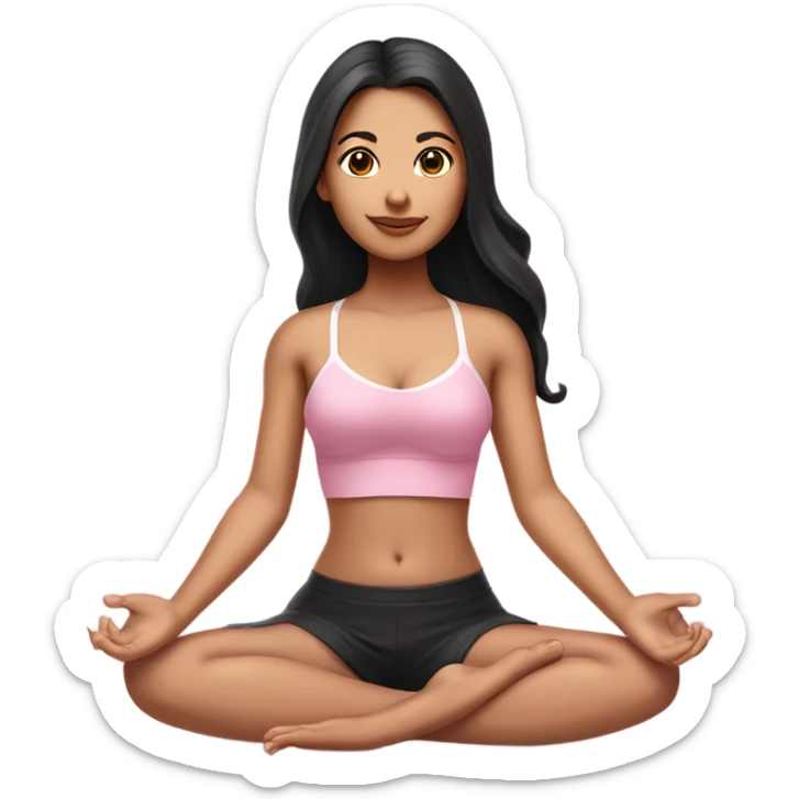 A girl with white skin tone, brown eyes and black long hair,  is sitting in a lotus position in a pink bra top and short white skirts sticker