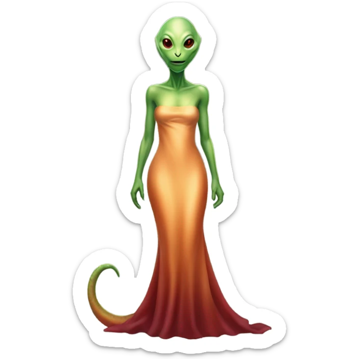 reptilian green alien woman, in long slim pastel orange formal party satin dress with gradient shiny sparkling dark red, full figure, full body sticker