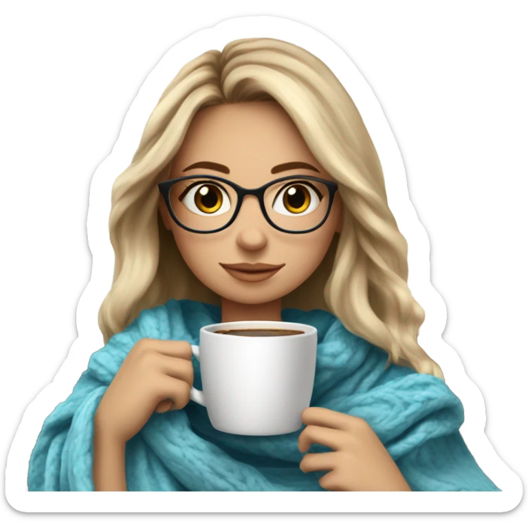 Balayage hair Girl drinking coffee, with a cozy blanket wearing glasses with blue eyes beautiful  sticker