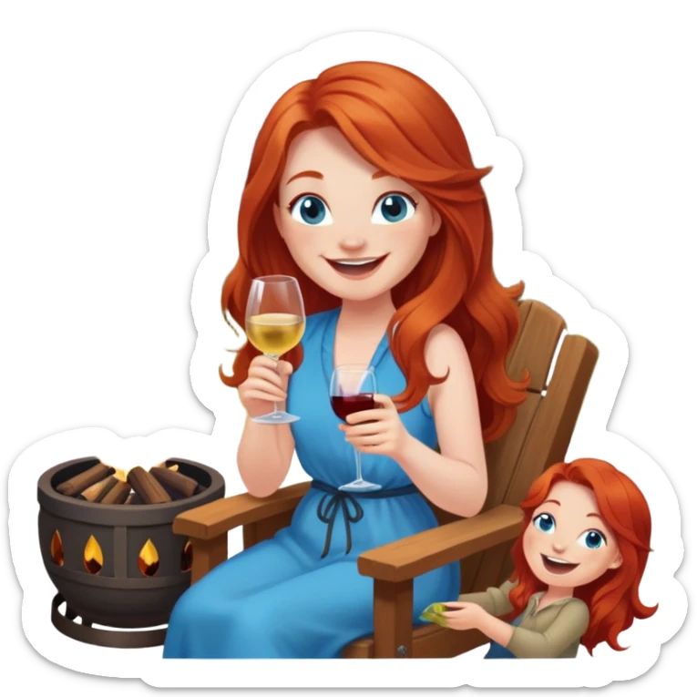 Laughing redhead with long hair and blue eyes holding wine bottle sitting in chair beside fire pit  sticker
