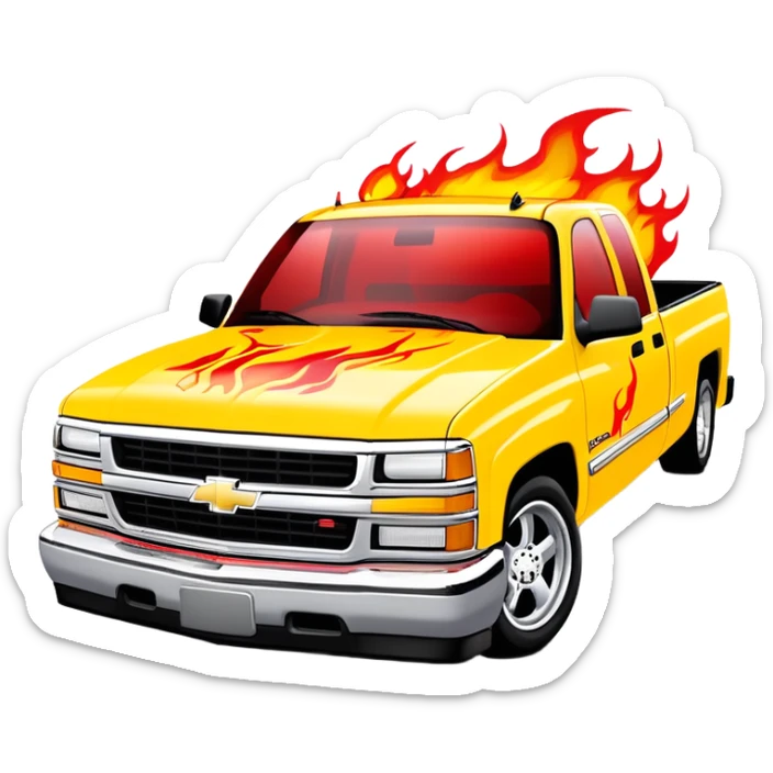 1997 yellow Chevrolet Silverado with detailed custom airbrushed red flame artwork spreading across hood and front, movie-accurate Kill Bill design, 30-degree angle, iOS emoji style sticker