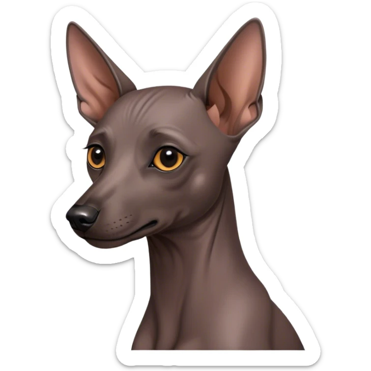 Cinematic Noble Xoloitzcuintle dog Portrait Emoji, Poised and regal, with a sleek, muscular build and smooth, hairless ebony skin accented by subtle wrinkles, deep-set soulful dark eyes, Simplified yet sharp and sophisticated features, highly detailed, glowing with a soft, dignified glow, high shine, intelligent and loyal, stylized with an air of ancient grace, focused and attentive, soft glowing outline, capturing the essence of a watchful and confident guardian, so majestic it feels as though it could stride out of the screen with effortless authority! sticker