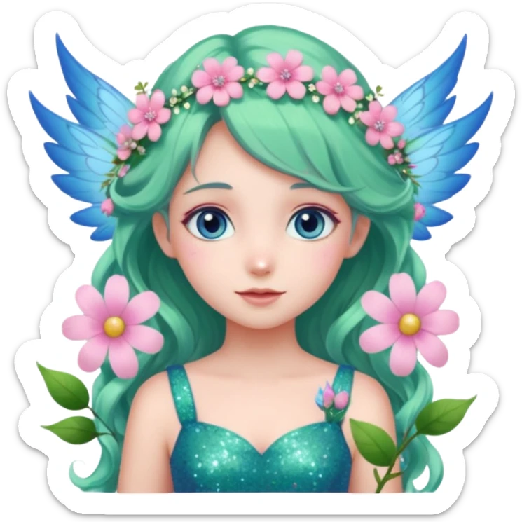 Una ragazza datata, occhi azzurri rosati dolci e aperti, vestito verde come la natura co  altri elementi e fiori rosa, deve avere le ali azzurrine,decorati con fiori e con glitter. O capelli di colore rosa chiaro con in acconciature tipica delle fate, capelli mossi e lunghi sticker