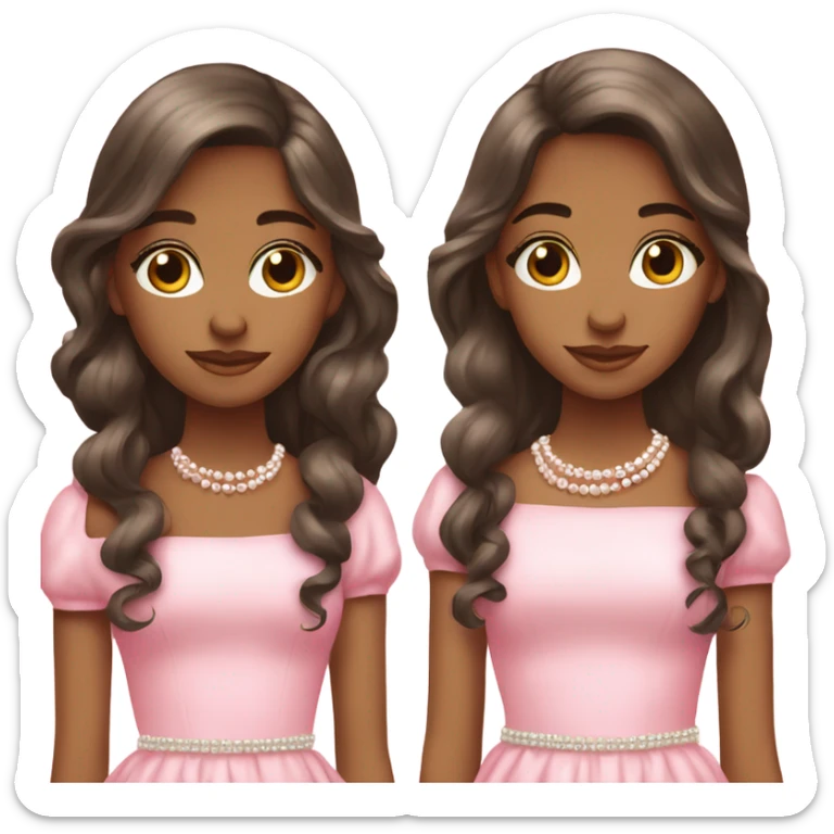 two teenage Latina twins. pink. Long hair. Pink bows. Pearls. Light pink. Diamonds dress. sticker