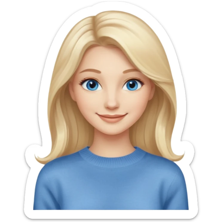 hyper realistic glamourous pale woman, Long blonde balayage hair, smiling, beige sweater & blue eyes sticker