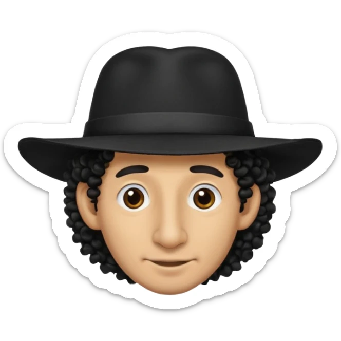 A man with a big nose and a black hat like a top hat but round and all black, with a strand of curly hair coming out from both sides of the hat sticker