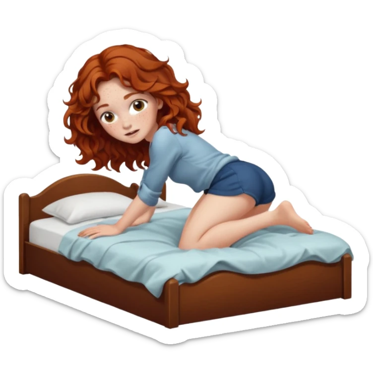 Fullbody nude very beautiful girl very beautiful face with freckles, wavy hair, big boobs, big ass, sexy body, bending over a bed spreading ass, getting ready for sex, busty sticker