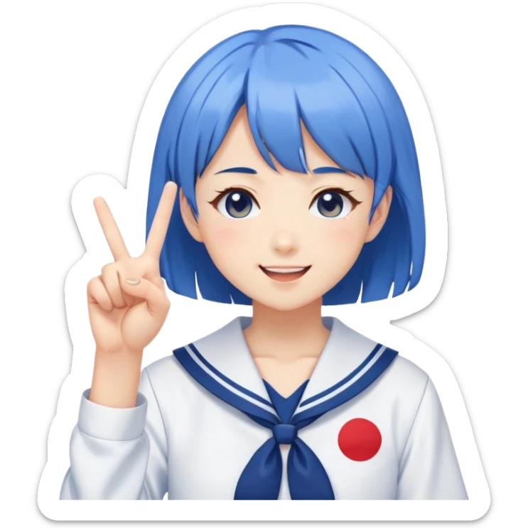 Energetic anime girl with short blue hair wearing Japanese sailor style school uniform, winking and making double peace signs, very cheerful and bubbly, kawaii style sticker