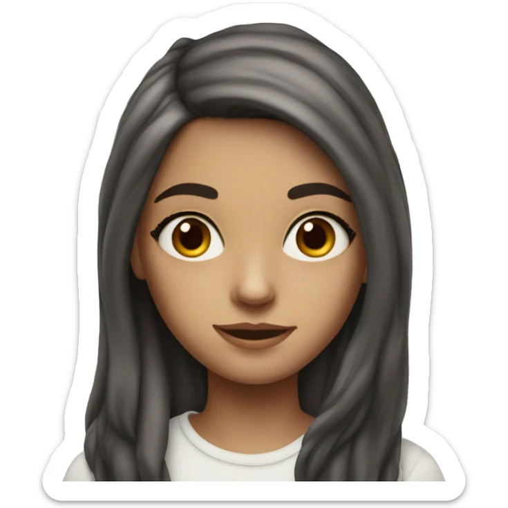 White teenage girl with long dark brown hair & freckles & a pricing sticker