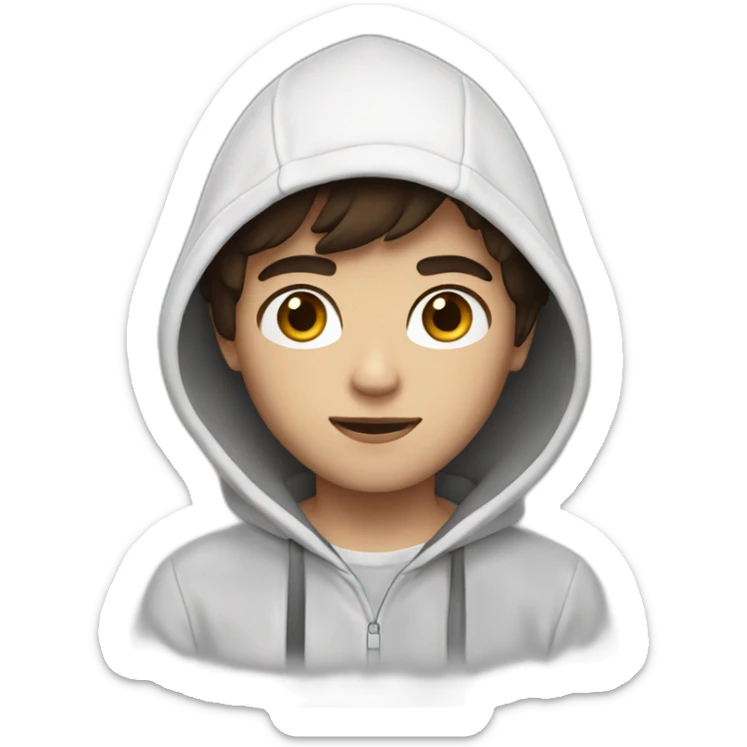 Boy with semi-long semi-dark brown hair with a white hoodie and black eyes sticker