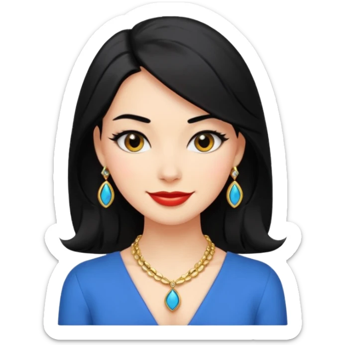 A confident, stylish female cartoon character with black hair, sly smile, flirtatious eyes, elegant pose, jewelry hints, minimalist, high-contrast colors, designed as a small, bold emoji icon. sticker