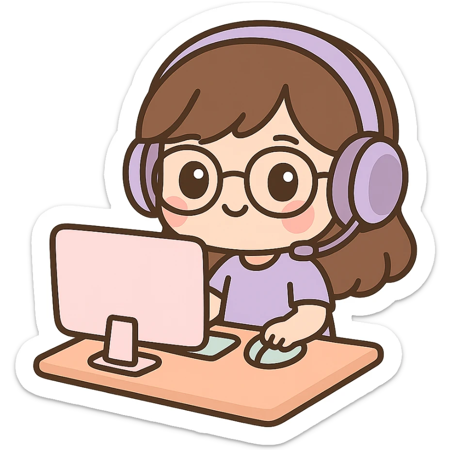female brunette with glasses and a purple gaming headset, chibi style, sitting at a desk sticker