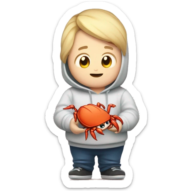 chubby, light hair, short hair, combover, hoodie, holding crab mascot from rust programming language. And a sweet milk in the other hand sticker