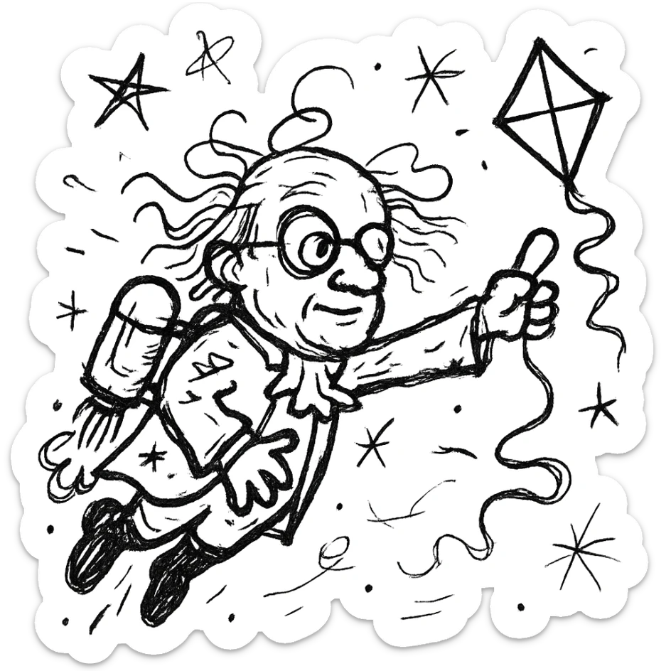 Ben Franklin with jetpack, left hand holding diamond kite, right arm out as if flying, minimalist black outline, slightly chaotic lines sticker