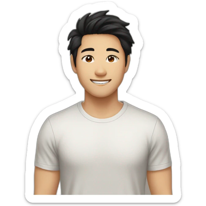 guy, black hair, medium length hair, in his 20s, very asian, smiling, t-shirt only, slight brown skin, dark brown eyes, slighty wavy hair sticker