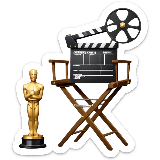 Icon for Directing: a director's chair, a film slate, a megaphone, a stage set with lights and an Oscar statuette. The icon should represent the creative and leadership aspects of directing, with focus on film and theater production. Transparent background. sticker