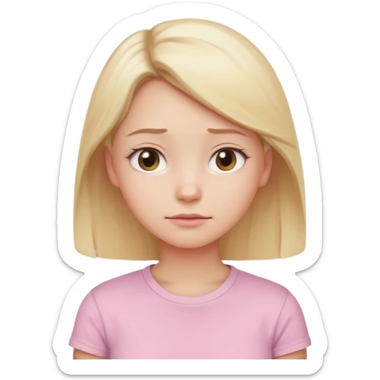 A cute emoji-style girl with light blonde hair and a soft pink t-shirt, looking thoughtfully into the distance, gentle expression, slightly furrowed brows, dreamy eyes, clean white background, simple and smooth vector-like design, pastel tones, 2D flat illustration, high clarity, emoji aesthetic sticker