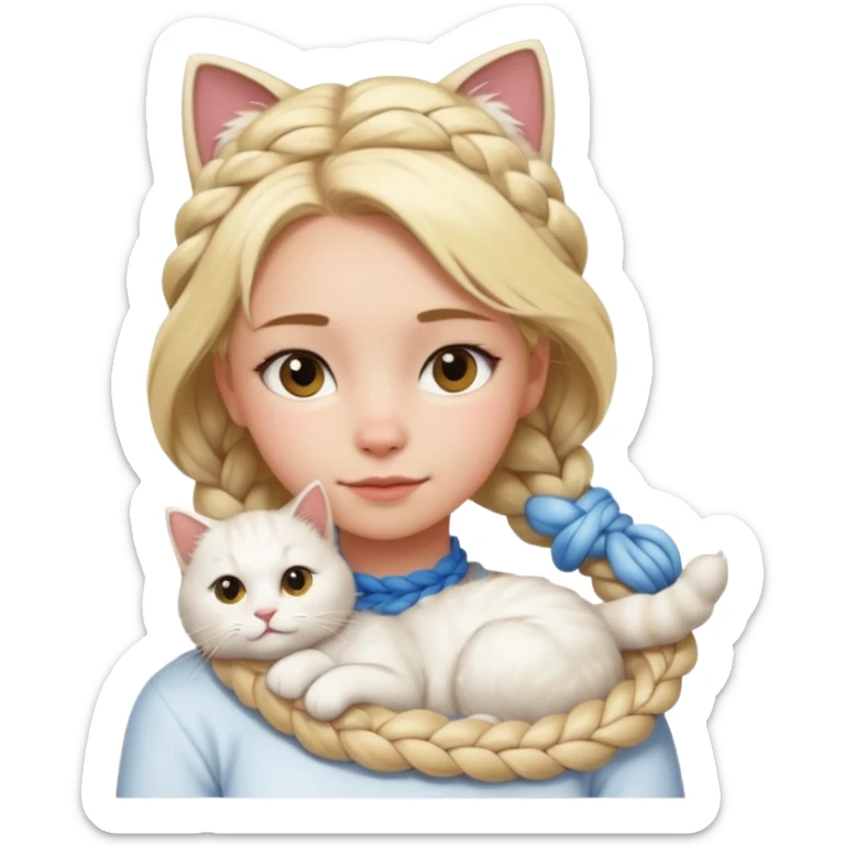 a girl with braided blonde hair, a white fluffy cat lying on her left shoulder and neck, emoji style sticker