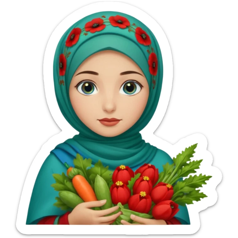 Turkish beautiful finish Konya girl blue eyes with poppy floral hijab and green red dress and she had on her hand vegetables  sticker