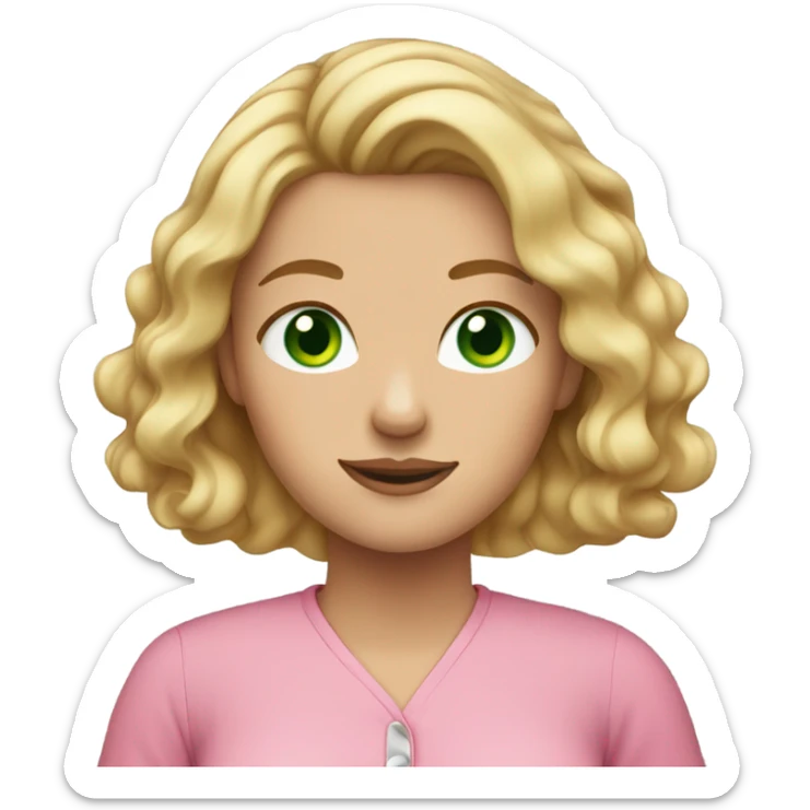 Woman with wavy blonde hair, green eyes, and freckles. Wearing pink shirt sticker