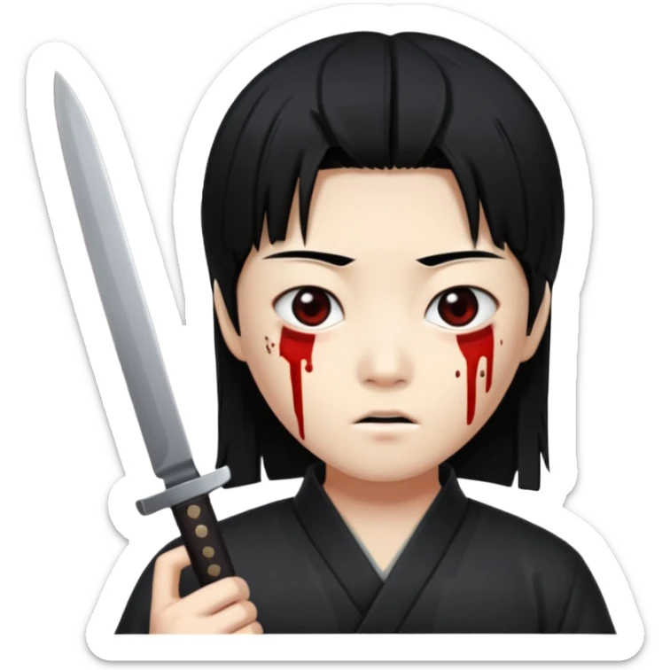 Korean murderer white skin with Asian eyes and holding knife with black straight hair sticker
