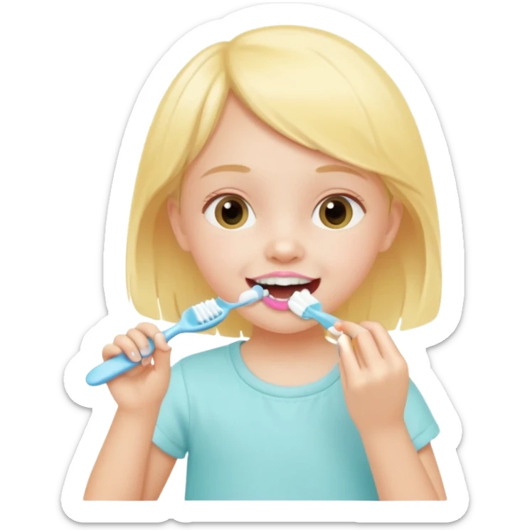 little girl brushing her teeth, pastel portrait, bright nourishing morning atmosphere, soft focus sticker