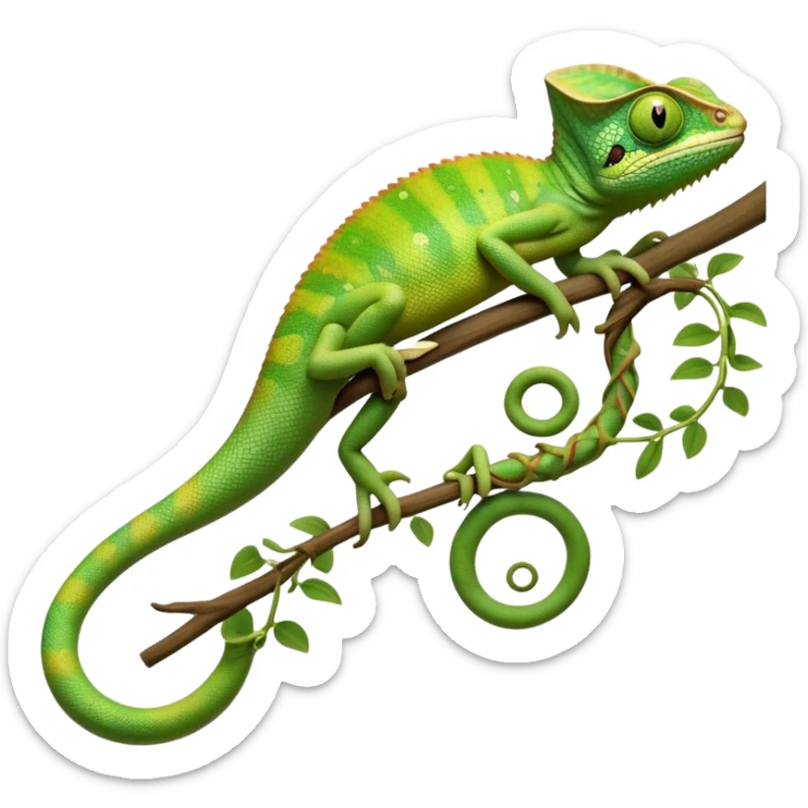 cinematic-chameleon-realistic-full-body-climbing-emoji,-slender-body-gripping-a-twisting-vine-with-prehensile-feet,-scaly-green-skin-shifting-shades-with-its-environment,-large-bulging-eyes-rotating-independently,-delicate-coiled-tail-curling-behind,-long-tongue-slightly-protruding-as-if-ready-to-strike,-simplified-yet-realistic-focused-features,-highly-detailed,-glowing-with-an-ethereal-forest-light sticker