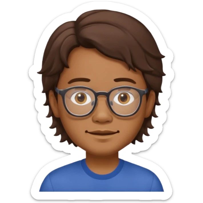 Filipino male, with goatie, wearing glasses, medium wavy length hair, brown sticker