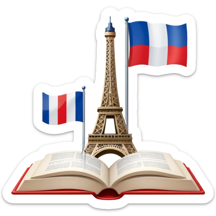 An icon featuring the Eiffel Tower and the flag of France, symbolizing the French language. The design includes an open book with French text, representing language learning and French culture. Transparent background highlights the elegance of the French-speaking world. sticker