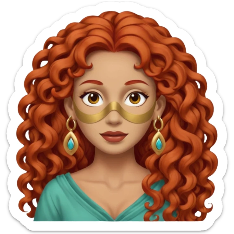 red haired very long curly haired woman with full face clay mask  and big earrings  sticker