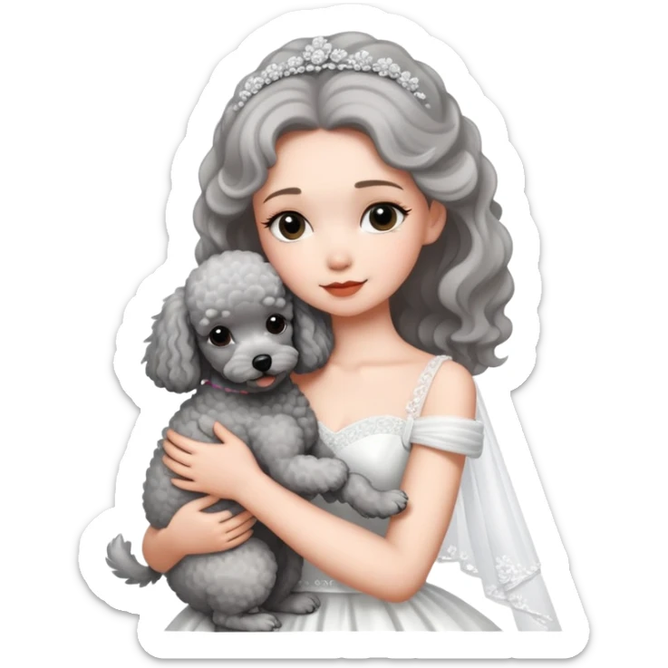 beautiful girl in a wedding dress hugging a small gray poodle sticker