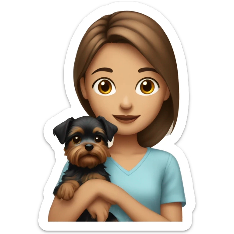 Tanish girl with brown hair holding yorkie puppy  sticker