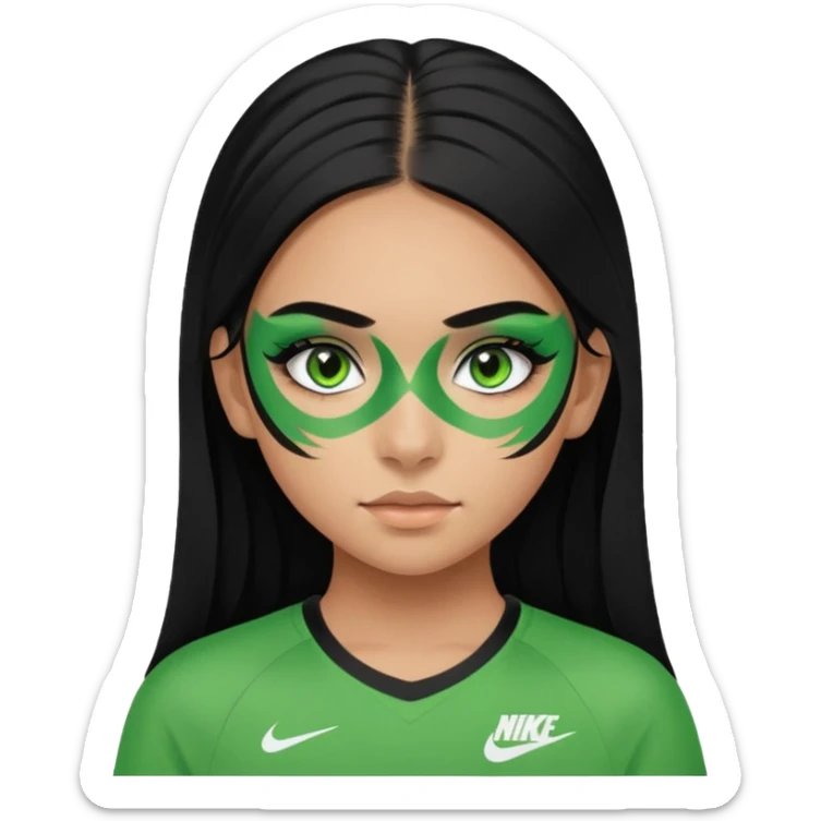 cute teenage girl, cute athletic Nike clothes, tan skin, green eyes, black hair, face paint, very long eylashes sticker