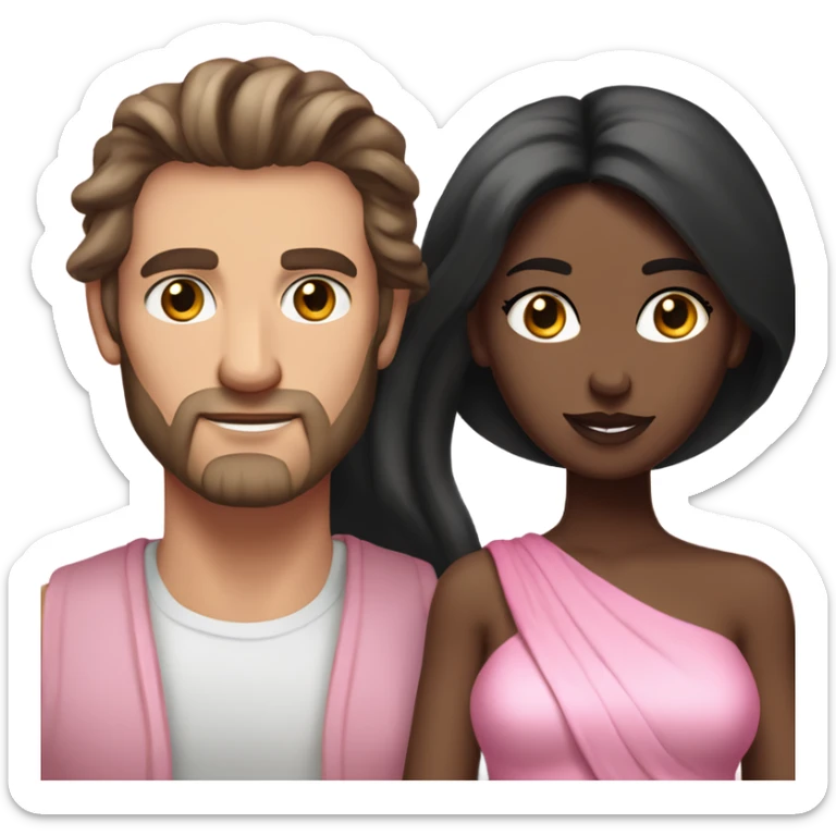 A handsome pale Greek god man who has long brown hair and tanned skin with a pretty black skinny tall model woman who has long black hair and she is wearing a pink dress and they are a couple sticker