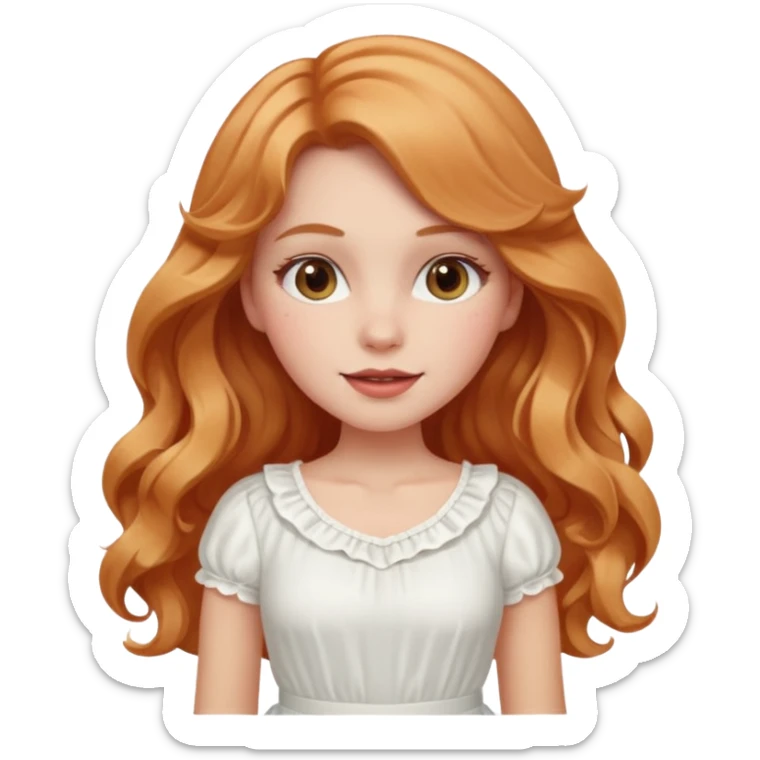 white girl with strawberry blonde super long wavy hair, white skirt, blushed cheeks sticker
