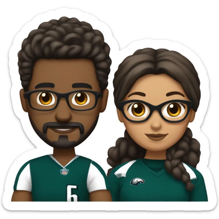 Brown skin couple in Philadelphia Eagles clothing guy has a beard and mustache girl has her hair in a bun and only the girl has on glasses sticker