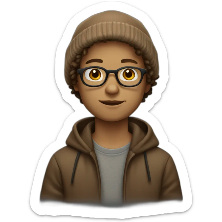 dutch boy wearing a dark-brown beanie, round glasses, dark-blonde curly hair, light-brown hoodie sticker