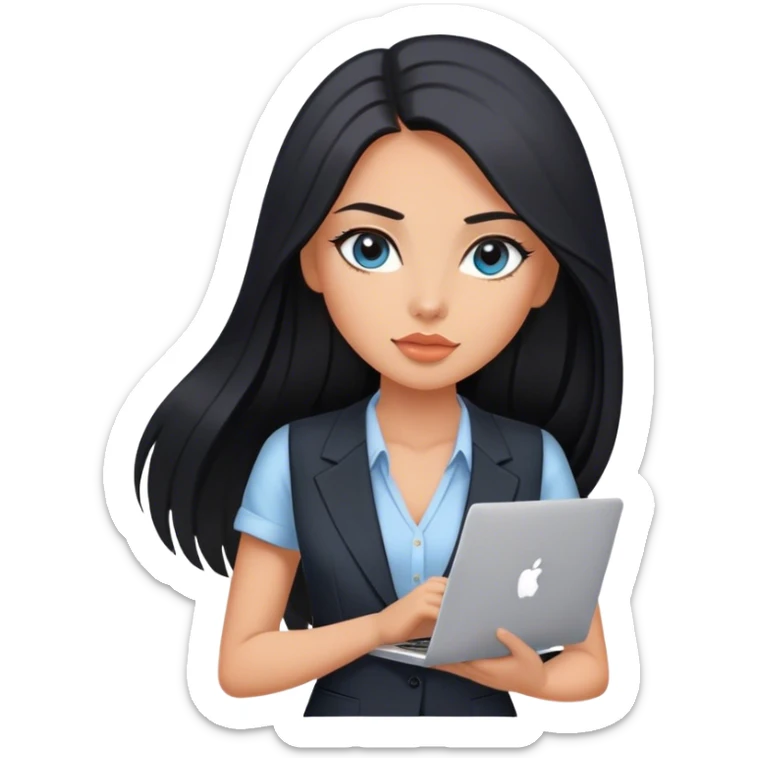 Glamours tanned very beautiful girl with pump peach nude lips and black straight smooth long hair, blue-grey eyes in beautiful v-neck black vest from the suit (short sleeves) with MacBook sticker