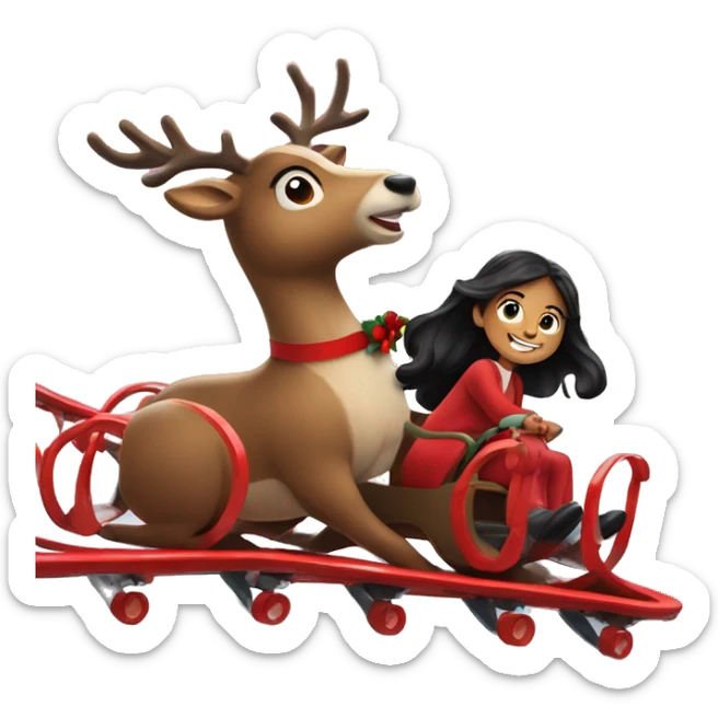 Reindeer with red wreath riding roller coaster with little girl long black hair sticker