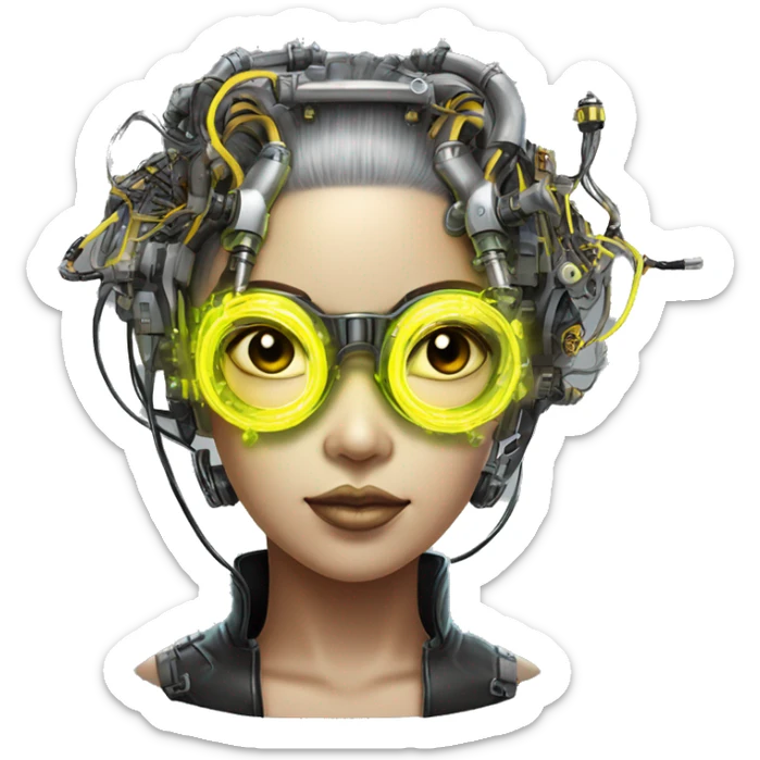 Neon yellow bobbed hair Asian female cyborg head with silver steampunk goggles and circuits sticker