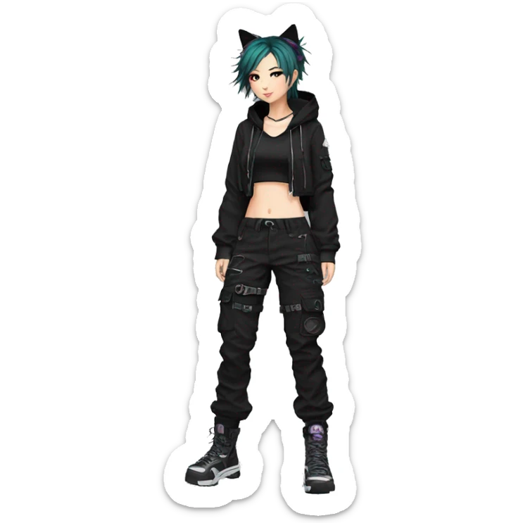 Edgy anime punk tomboy with cat ears techwear cargo pants hoodie sticker