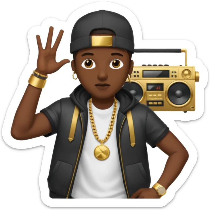 rapper emoji with boombox on shoulder, gold watch, energetic pose sticker
