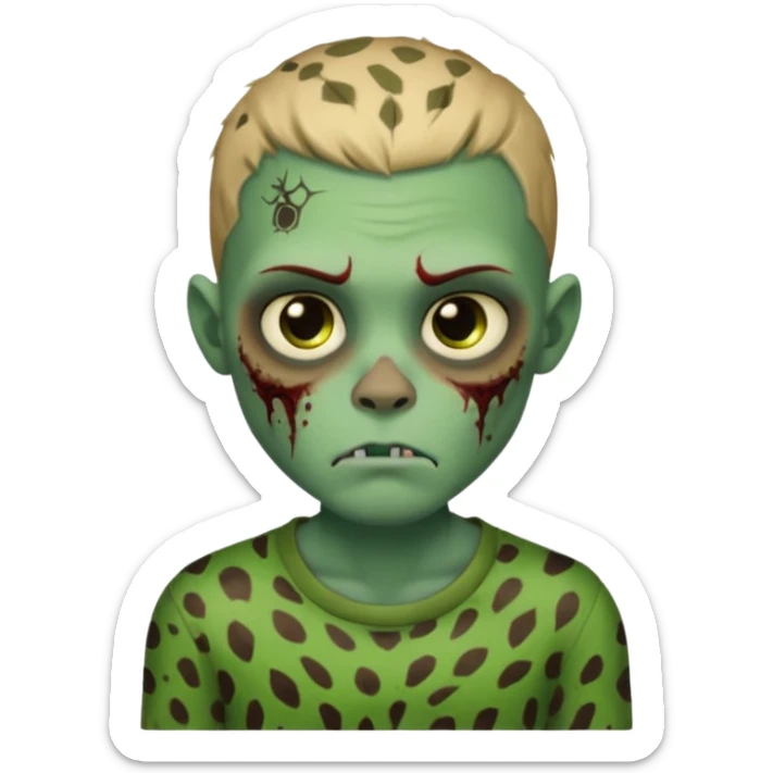 Zombie boy with green skin and sleepy eyes and scars on his face and a shirt that has cheetah texture sticker