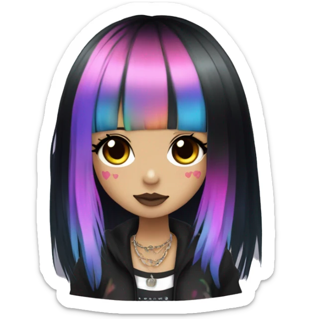 hime gyaru girl, long black hair with rainbow fringe, tattoos, dark makeup, goth grunge clothes sticker